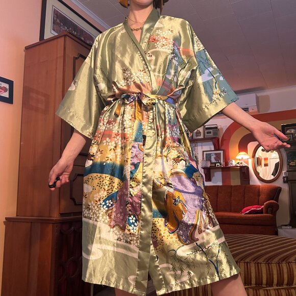 1980s 100% silk geisha girl cherry blossom printed belted kimono robe - by Orien - Picture 4 of 13
